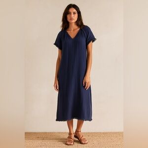 Voloshin Cotton Gauze Midi Dress XS Navy Boho Fringe Hem Lagenlook Beachy Chic